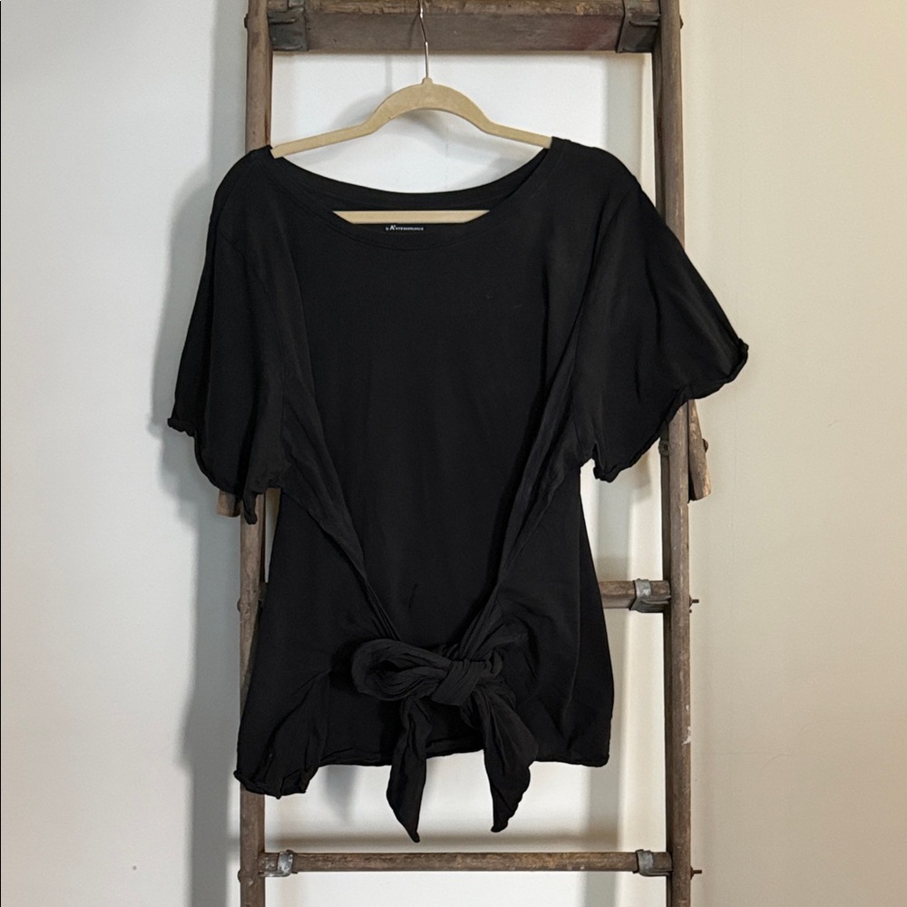 Anthropologie Black Tie-Front Short Sleeve Top